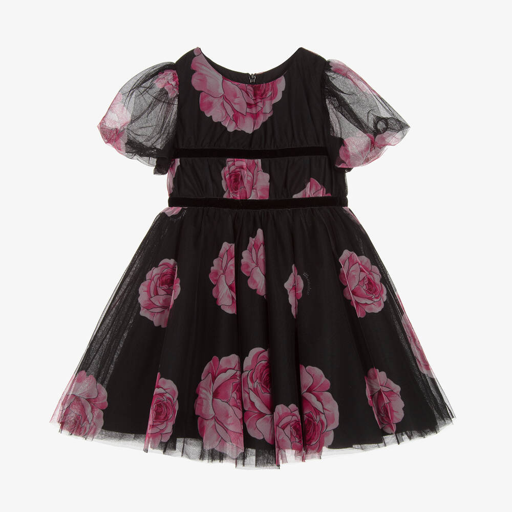 Monnalisa Chic - Girls Black & Pink Rose Print Tulle Dress | Childrensalon