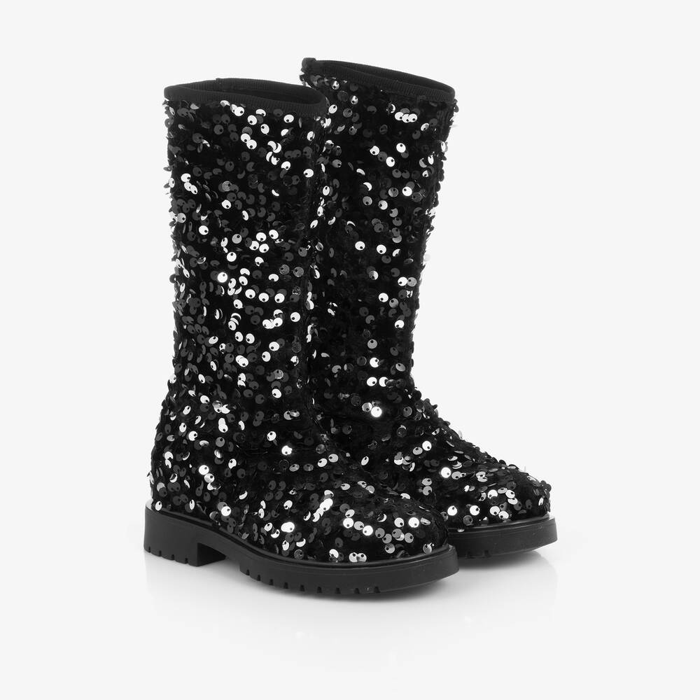 Monnalisa - Girls Black & Silver Sequin Long Boots | Childrensalon