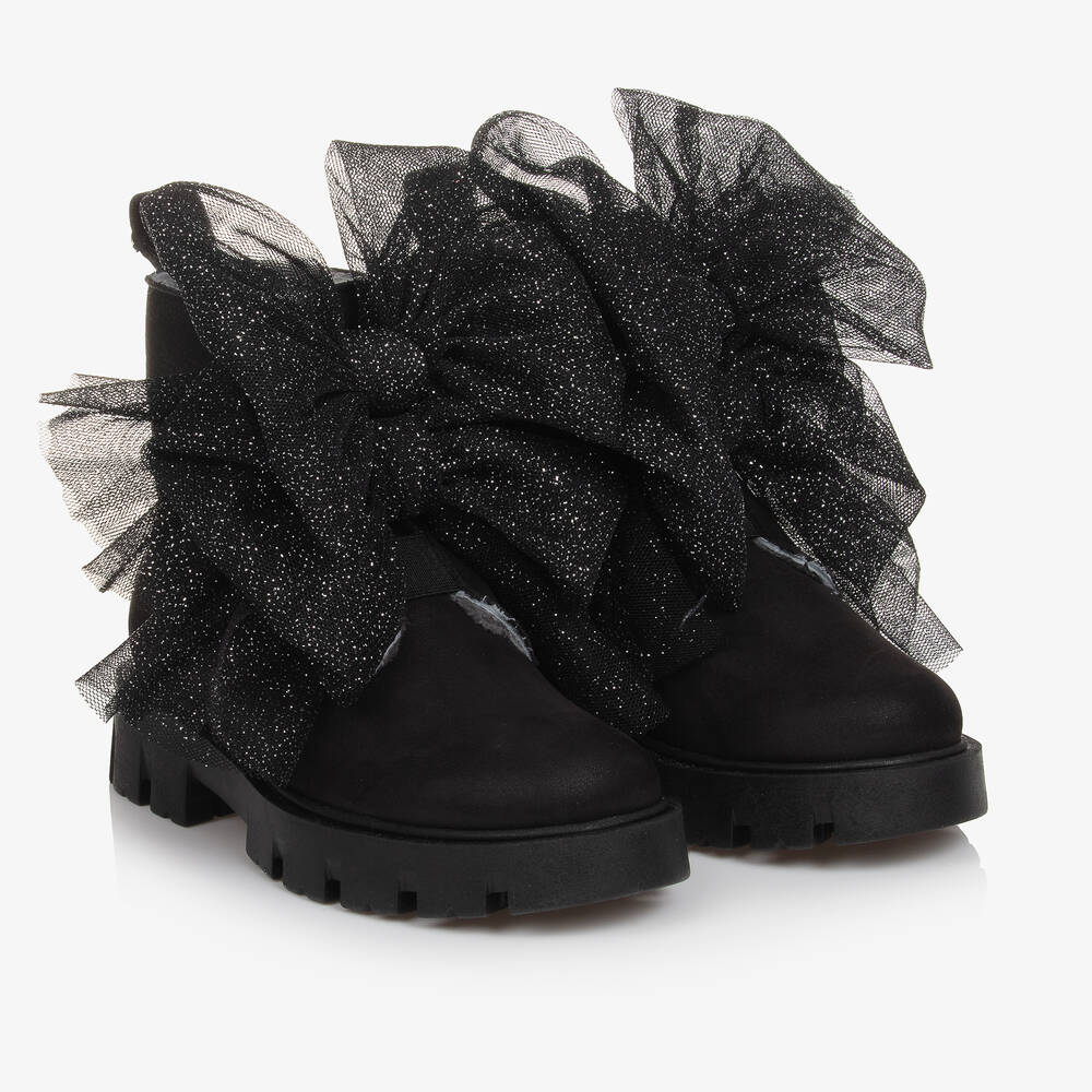 Monnalisa - Girls Black Suede Leather Bow Boots | Childrensalon