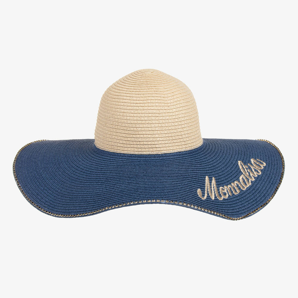 Monnalisa - Girls Blue & Beige Straw Sun Hat | Childrensalon