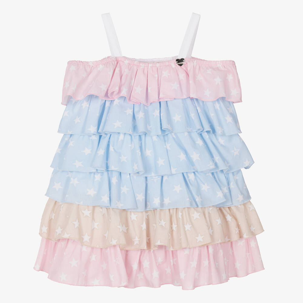 Monnalisa - Girls Blue Cotton Frilled Dress | Childrensalon