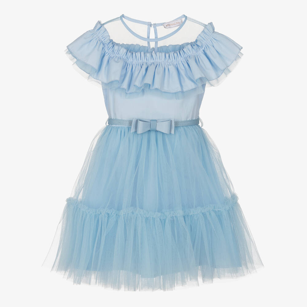 Monnalisa Chic - Girls Blue Cotton & Tulle Ruffle Dress | Childrensalon