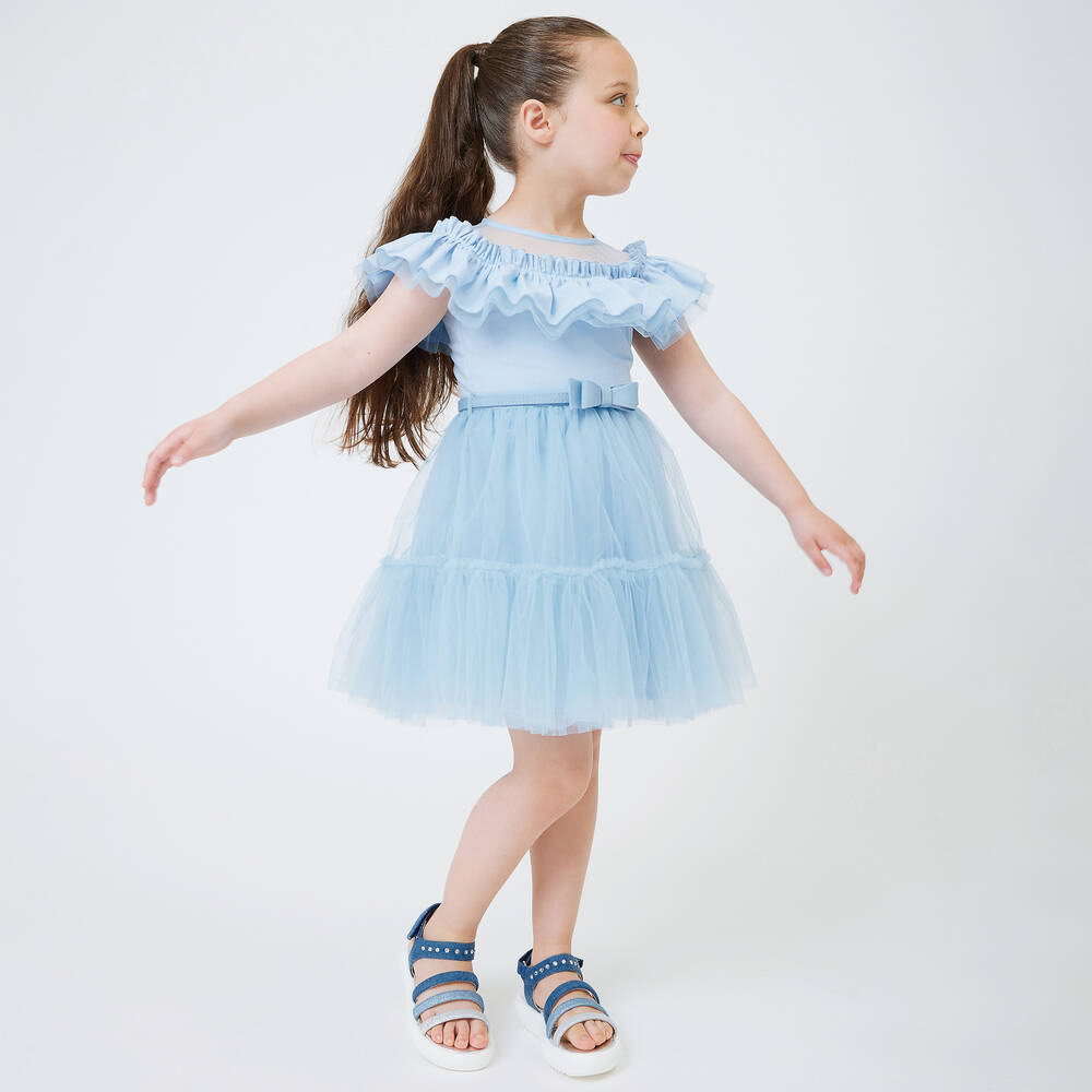 Monnalisa Chic - Girls Blue Cotton & Tulle Ruffle Dress | Childrensalon