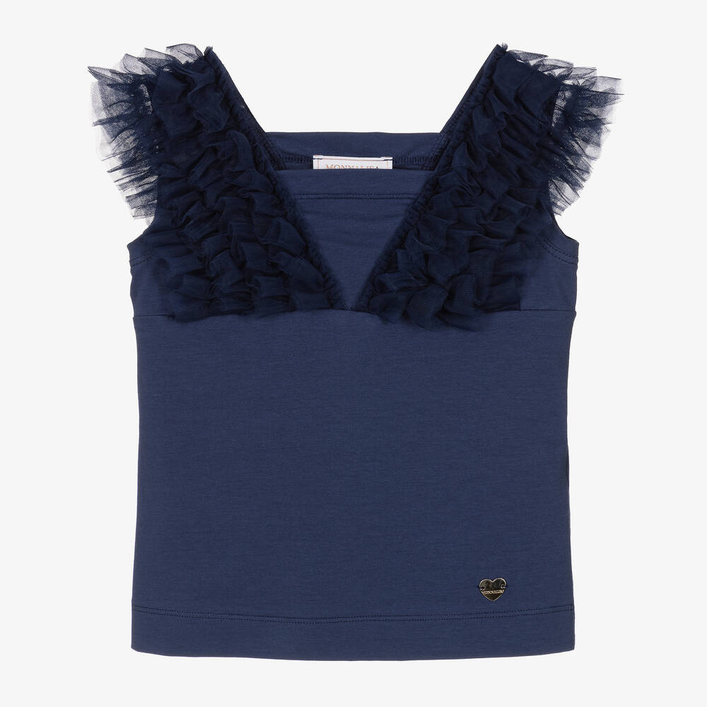 Monnalisa - Girls Blue Cotton & Tulle Ruffle T-Shirt | Childrensalon