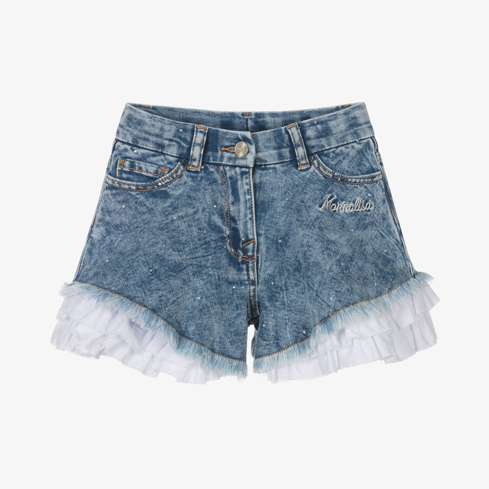Monnalisa - Girls Blue Denim Ruffle Diamanté Shorts | Childrensalon