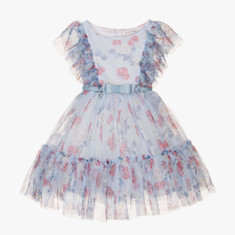 Monnalisa - Голубое платье из тюля с вишнями | Childrensalon