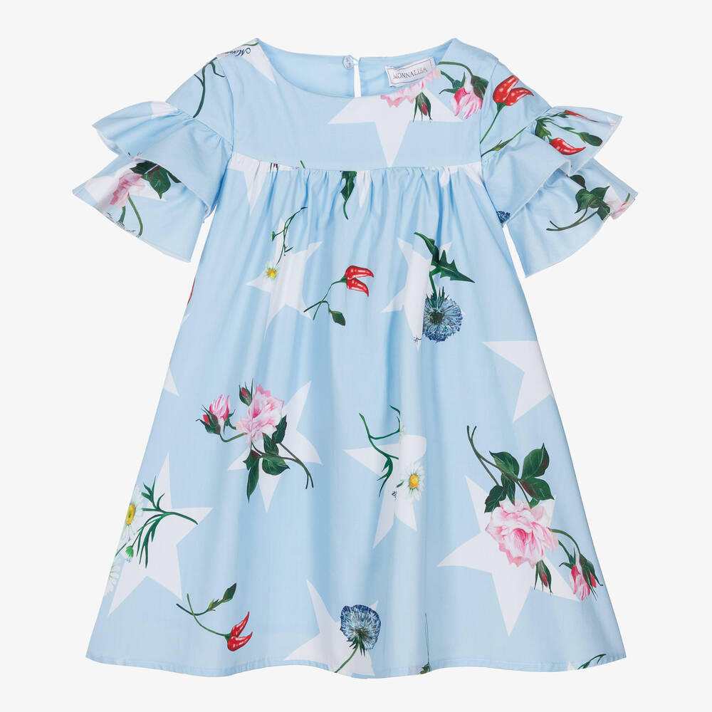 Monnalisa - Girls Blue Floral Cotton Dress | Childrensalon