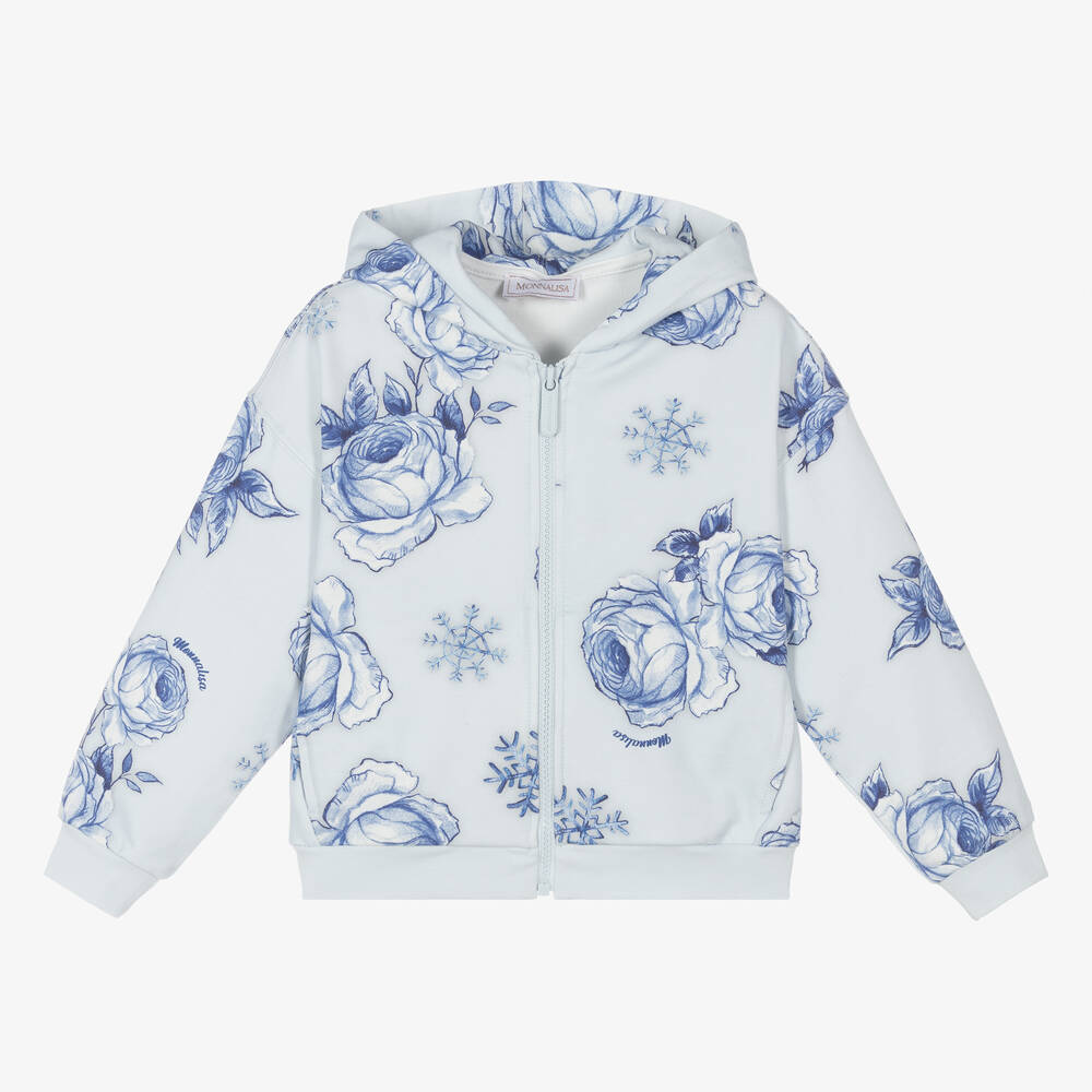 Monnalisa - Girls Blue Floral Cotton Zip-Up Hoodie | Childrensalon