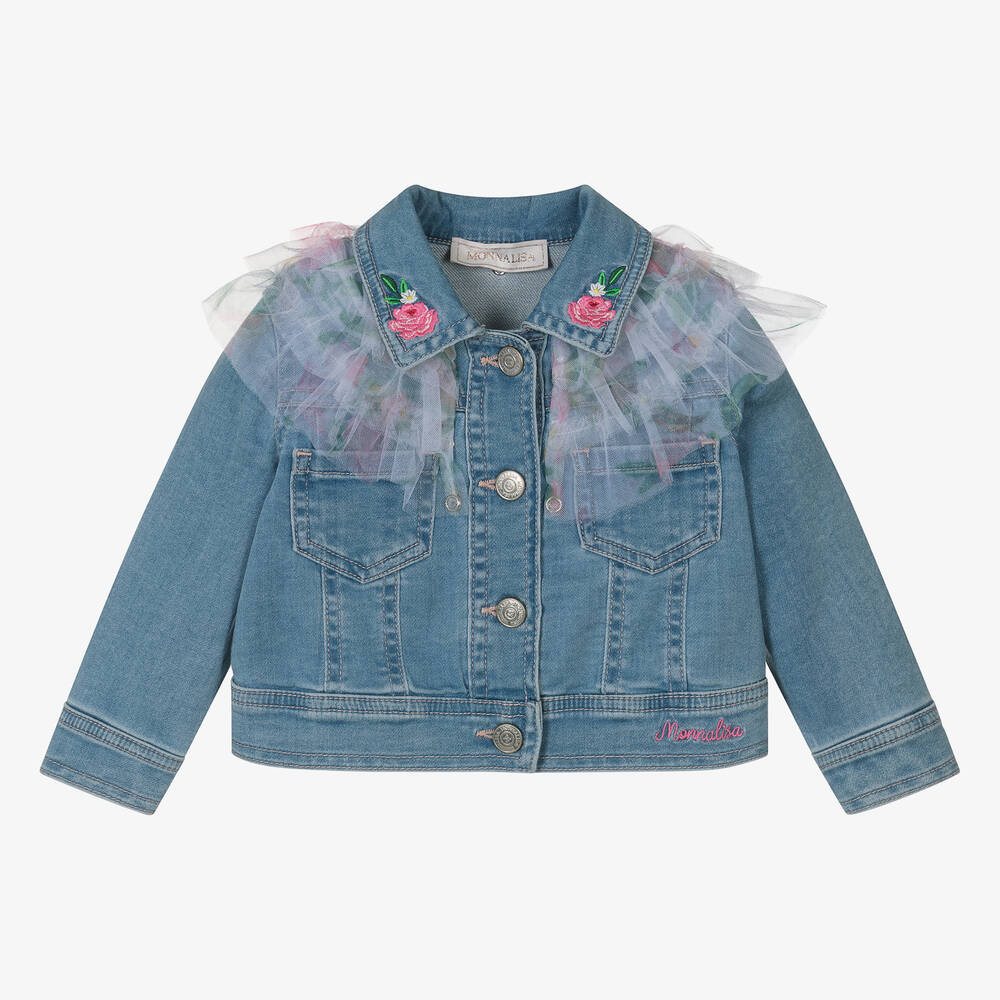 Monnalisa - Girls Blue Tulle Ruffle Denim Jacket | Childrensalon