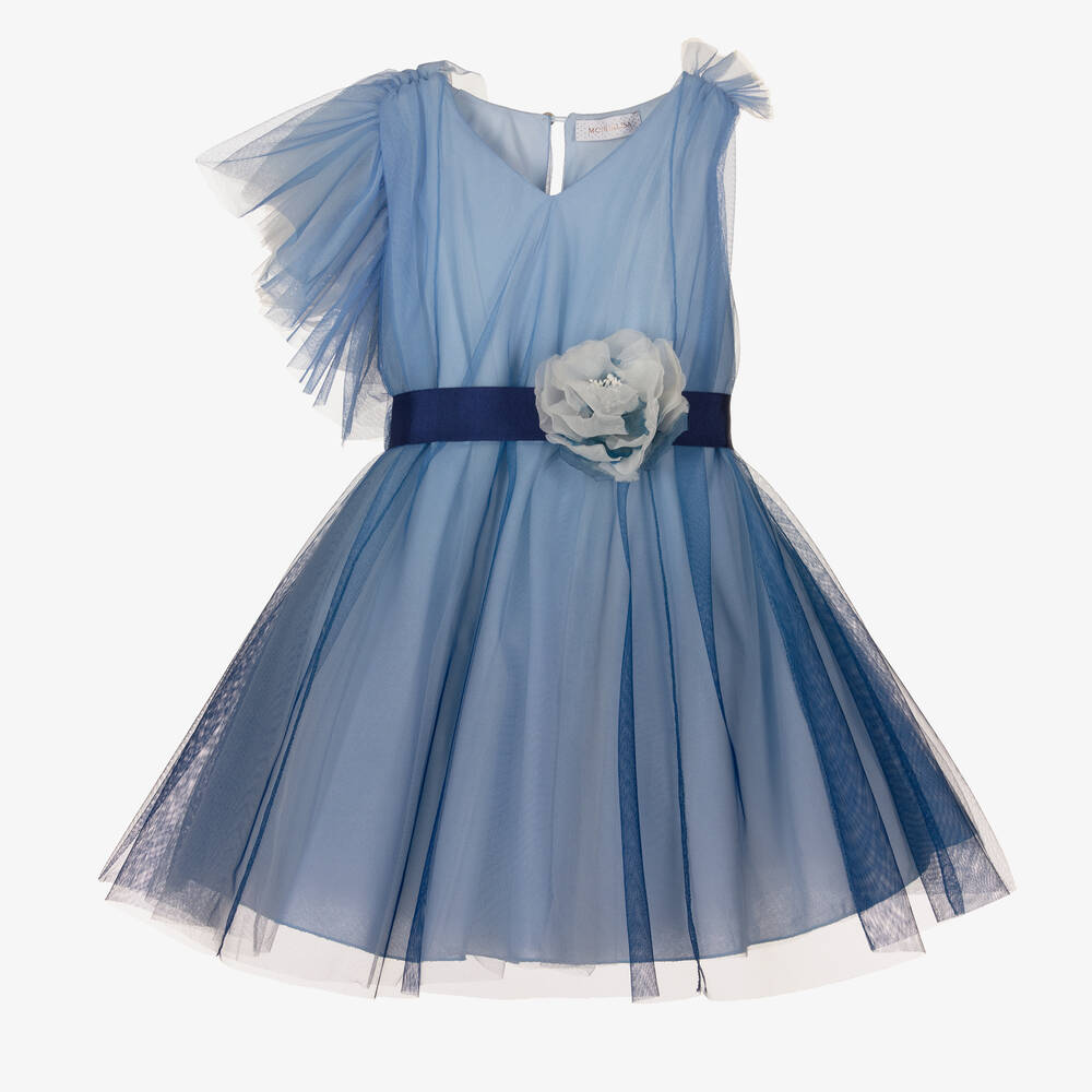 Monnalisa Chic Kids' Girls Blue Tulle Ruffle Dress
