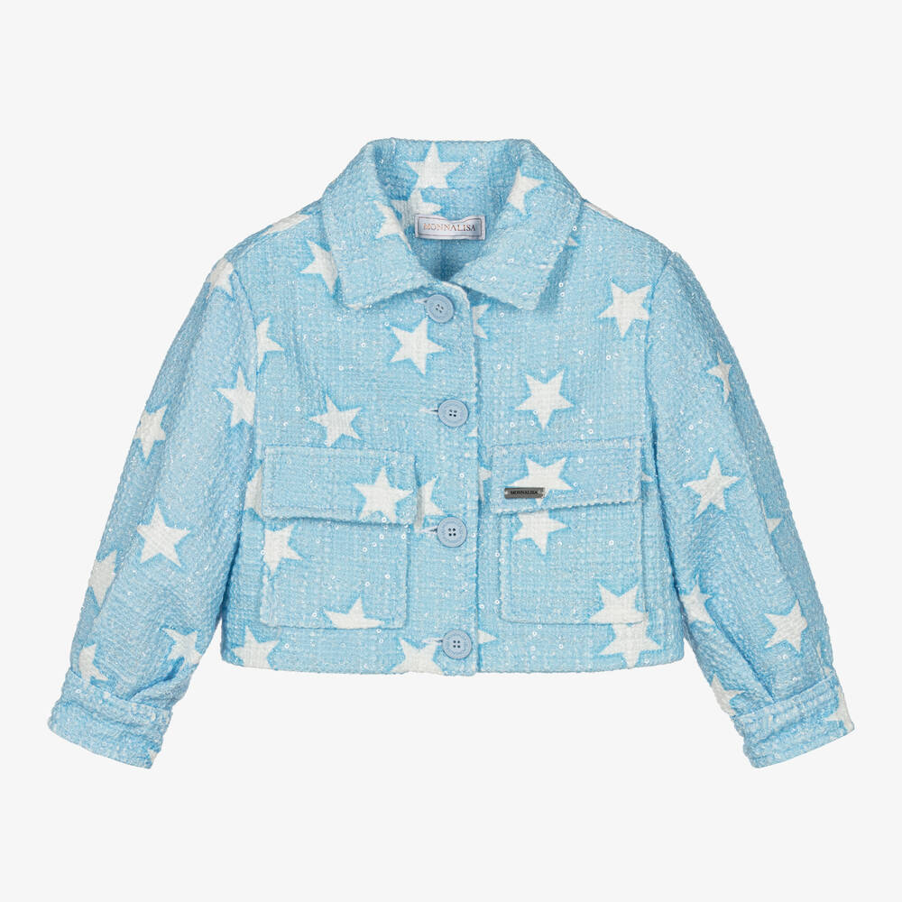 Monnalisa - Girls Blue Tweed Sequin Stars Jacket | Childrensalon
