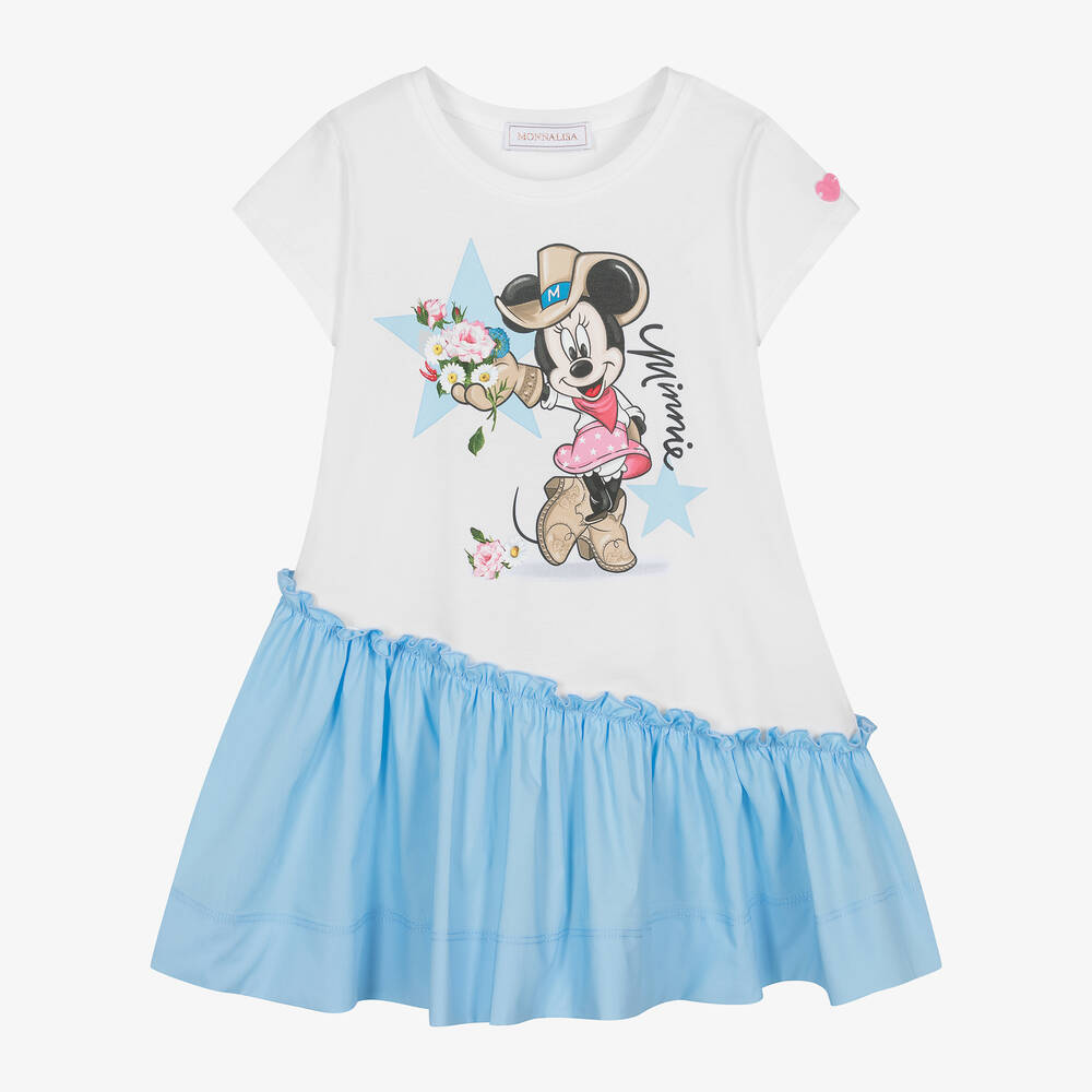 Monnalisa - فستان بطبعة ديزني قطن لون أزرق وأبيض | Childrensalon