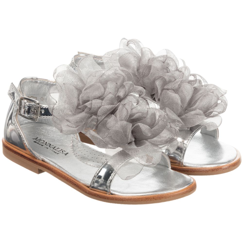 Monnalisa Kids' Girls Floral Silver Sandals In Metallic
