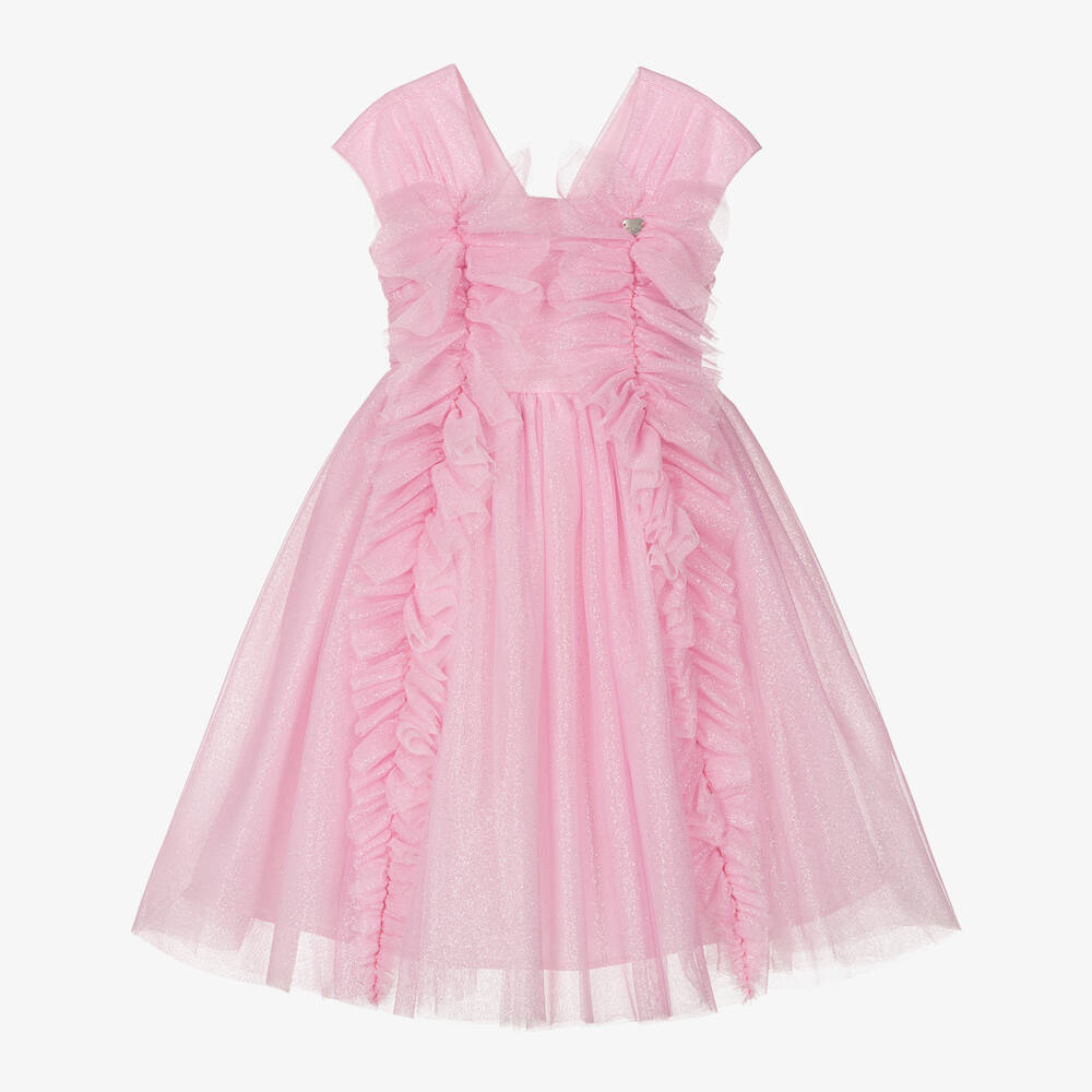 Monnalisa Chic - Girls Glittery Pink Tulle Ruffle Dress | Childrensalon