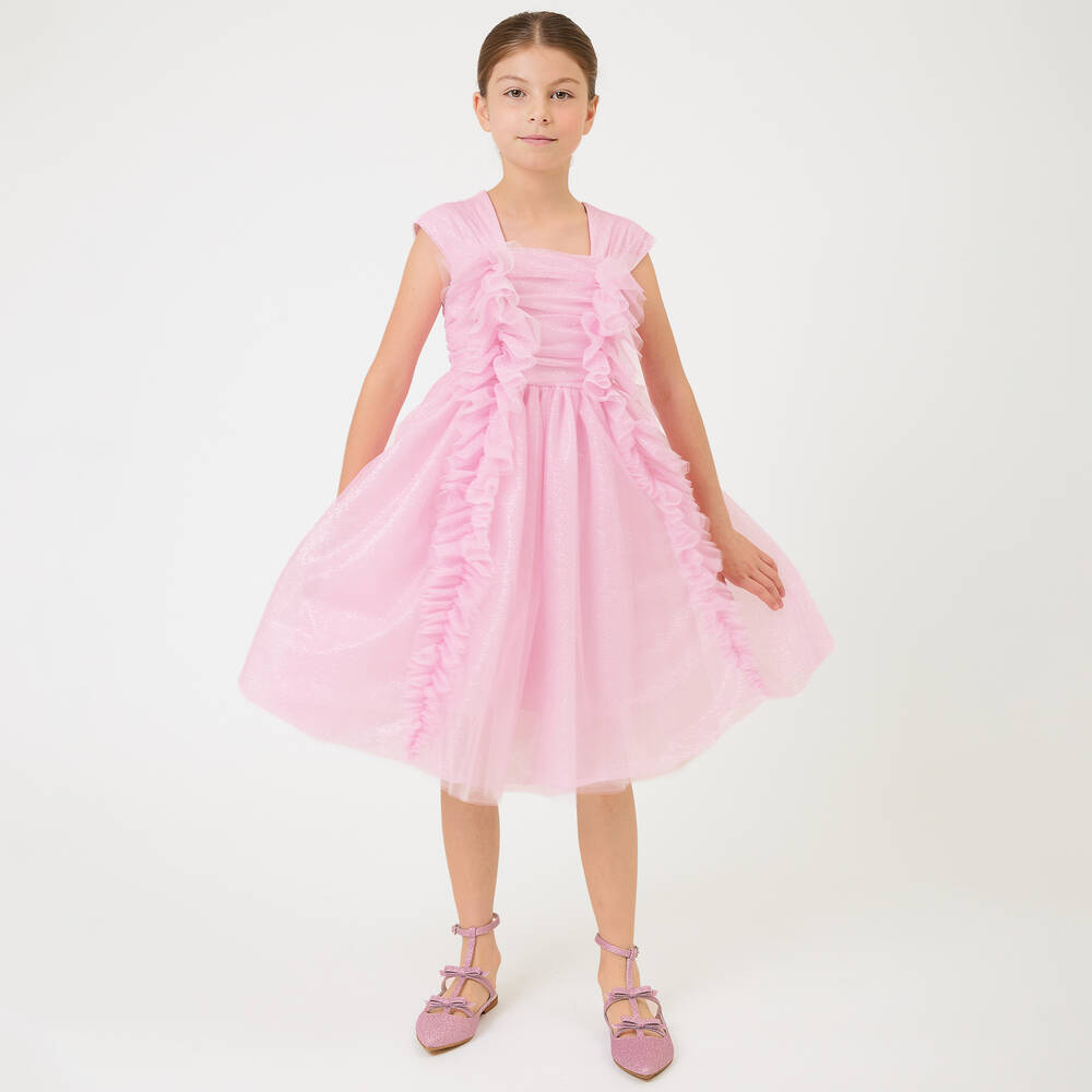 Monnalisa Chic-Girls Glittery Pink Tulle Ruffle Dress | Childrensalon