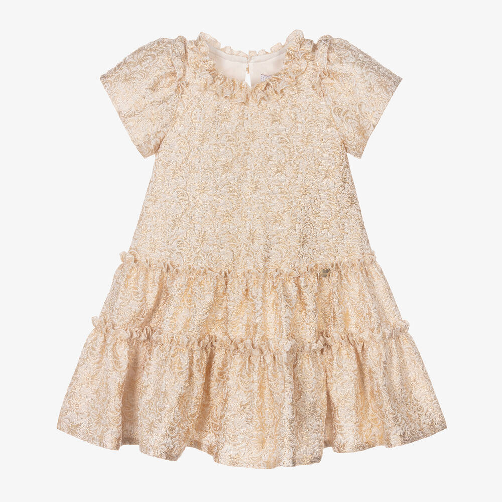 Monnalisa - Girls Gold Floral Lurex Brocade Dress | Childrensalon