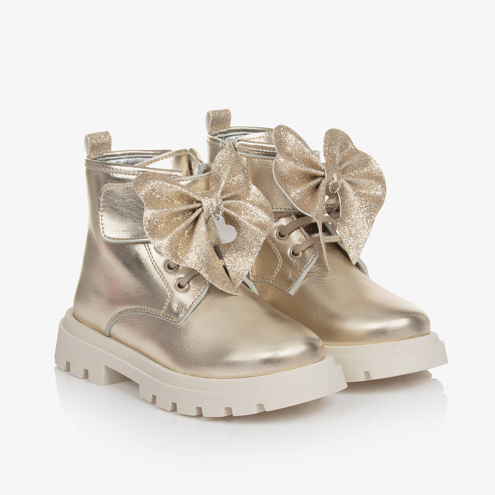 Monnalisa - Girls Gold Leather Bow Ankle Boots | Childrensalon