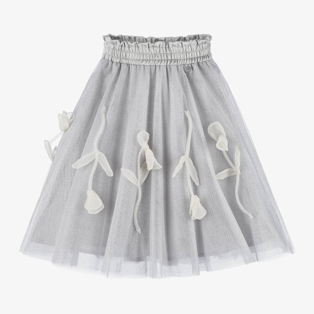 Monnalisa Kids' Girls Grey Glitter Tulle 3d Tulip Skirt In Gray