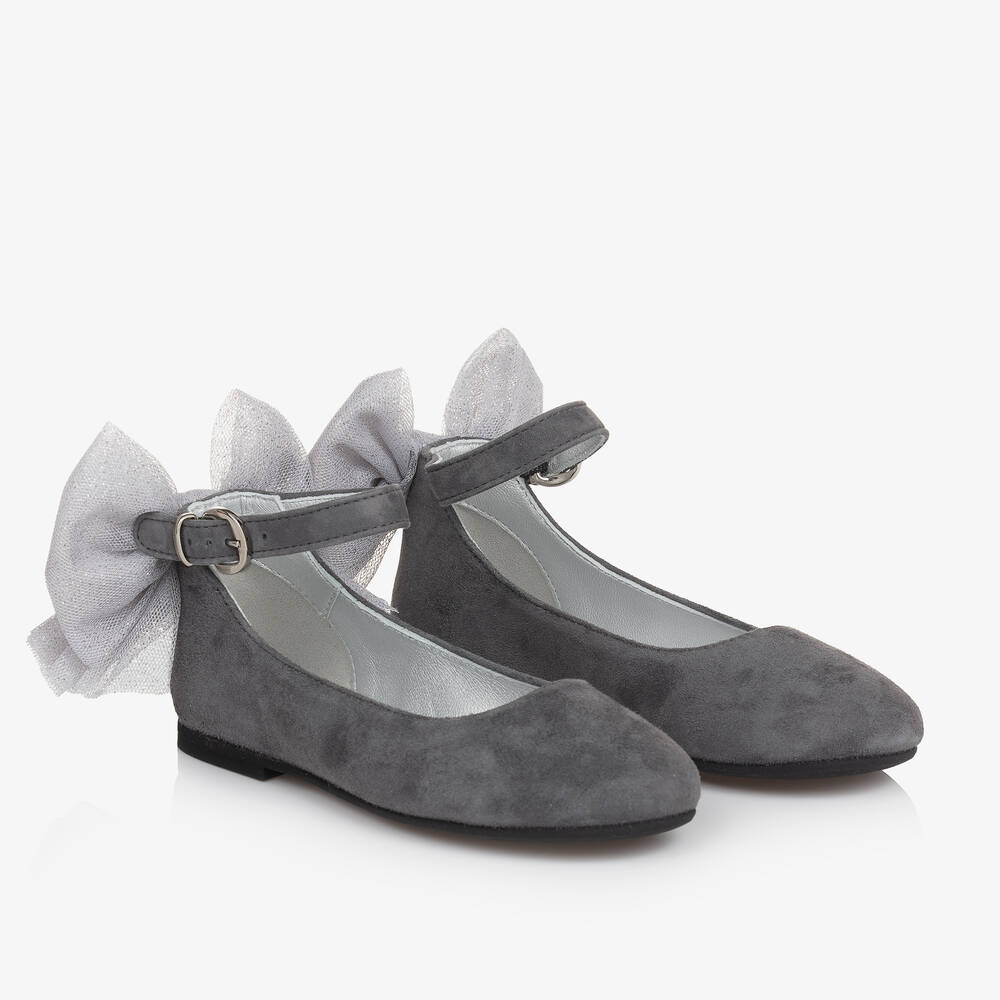 Monnalisa - Girls Grey Suede Leather Bow Shoes | Childrensalon