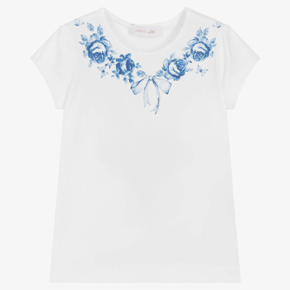 Monnalisa Chic Kids' Girls Ivory & Blue Cotton Floral T-shirt
