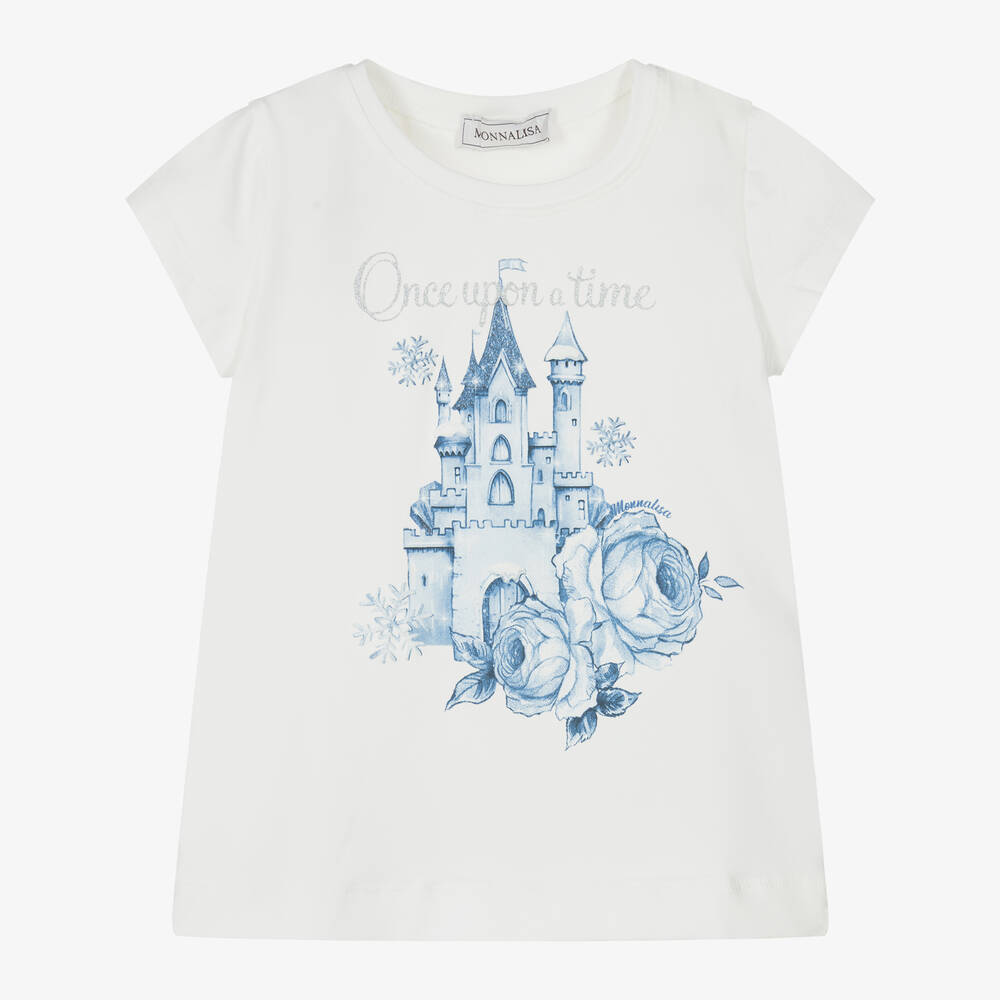 Monnalisa - Girls Ivory Castle Print Cotton T-Shirt | Childrensalon