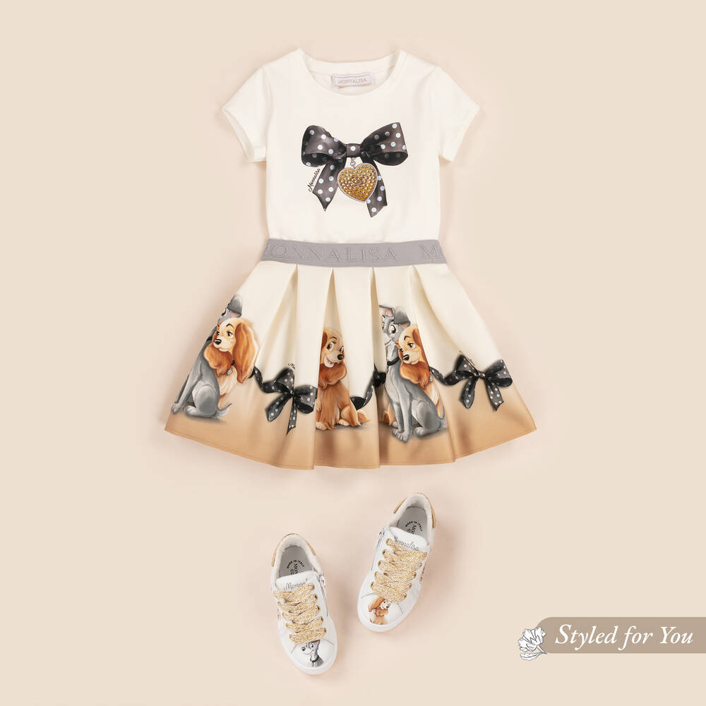 Monnalisa-Girls Ivory Cotton Diamanté Bow T-Shirt | Childrensalon