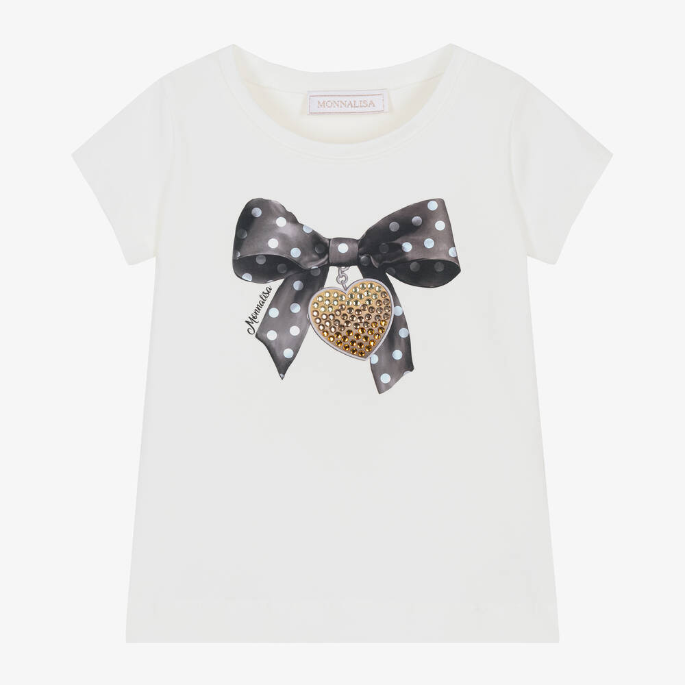 Monnalisa - Girls Ivory Cotton Diamanté Bow T-Shirt | Childrensalon