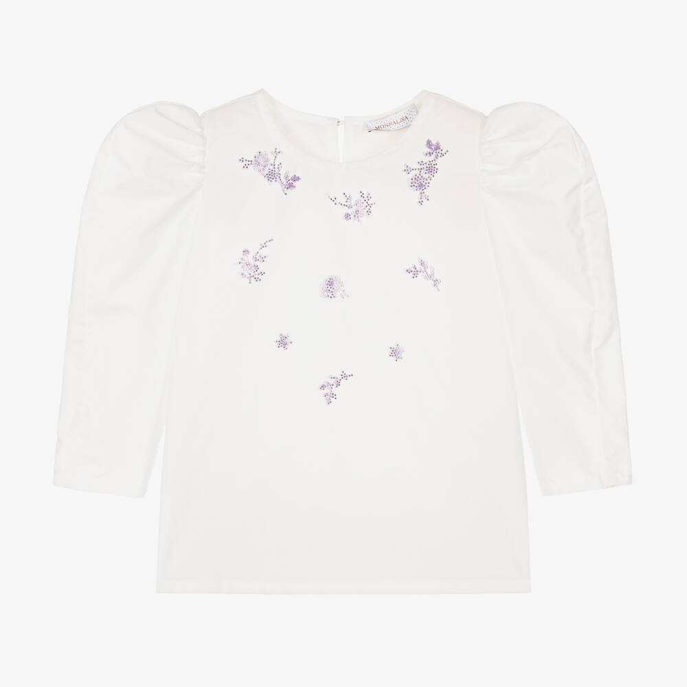 Monnalisa Chic - Кремовая хлопковая блузка с цветами из стразов для девочек | Childrensalon