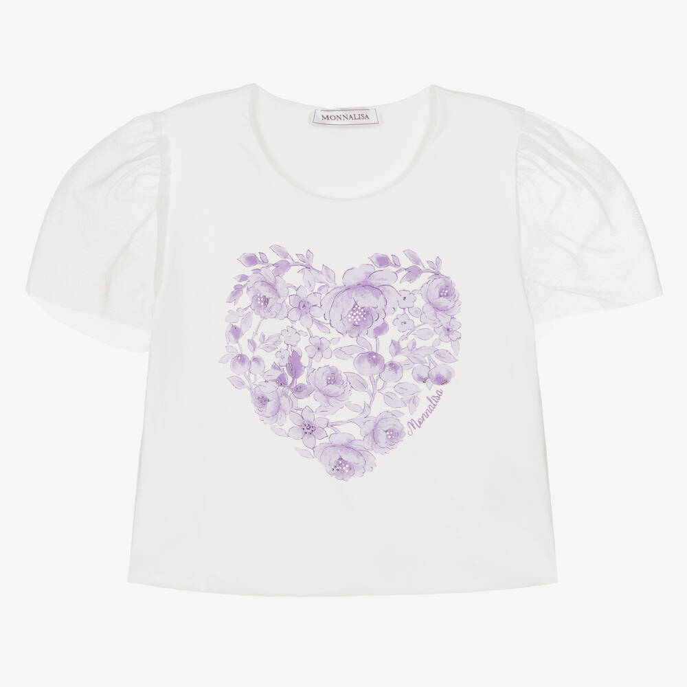 Monnalisa - Кремовая хлопковая футболка с сердцем из цветов для девочек | Childrensalon