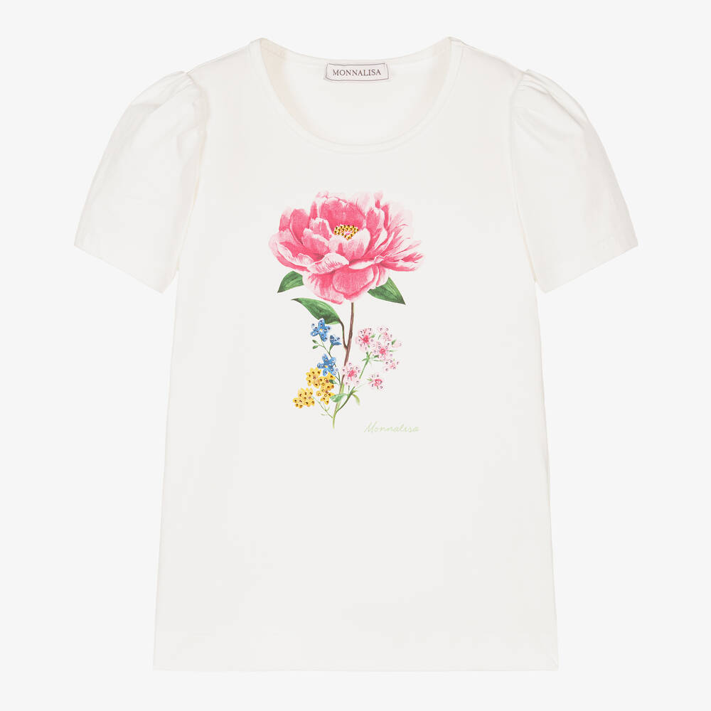 Monnalisa - Girls Ivory Cotton Flower T-Shirt | Childrensalon