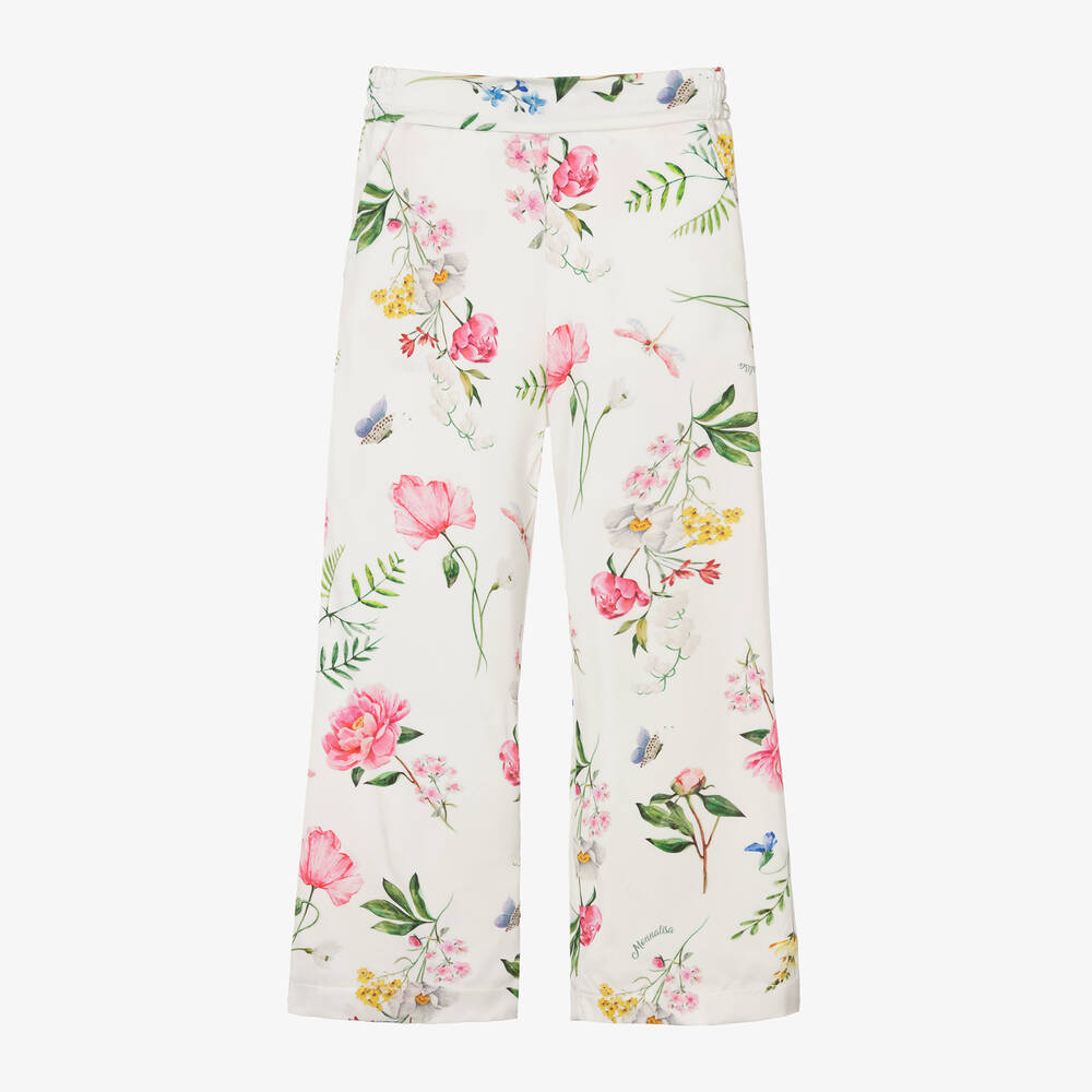 Monnalisa - Кремовые атласные брюки с цветами для девочек | Childrensalon