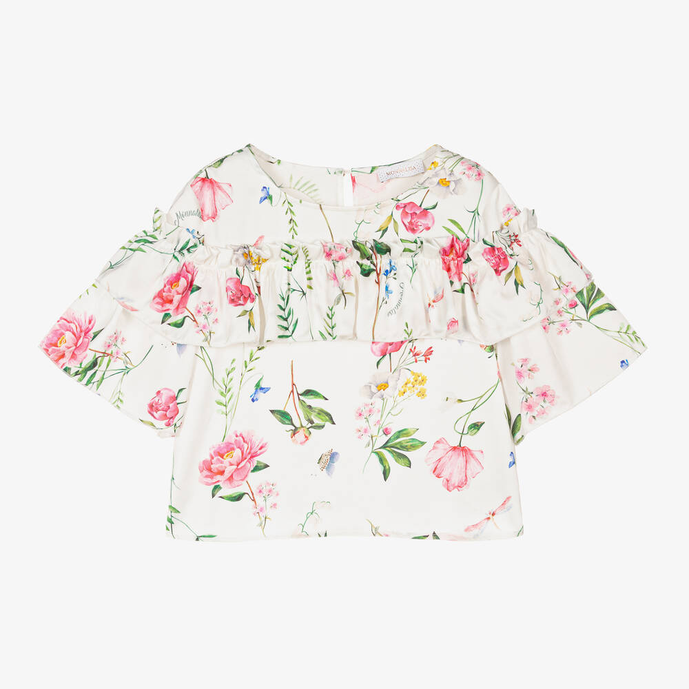 Monnalisa Chic - Кремовая блузка из атласной вискозы с цветами для девочек | Childrensalon