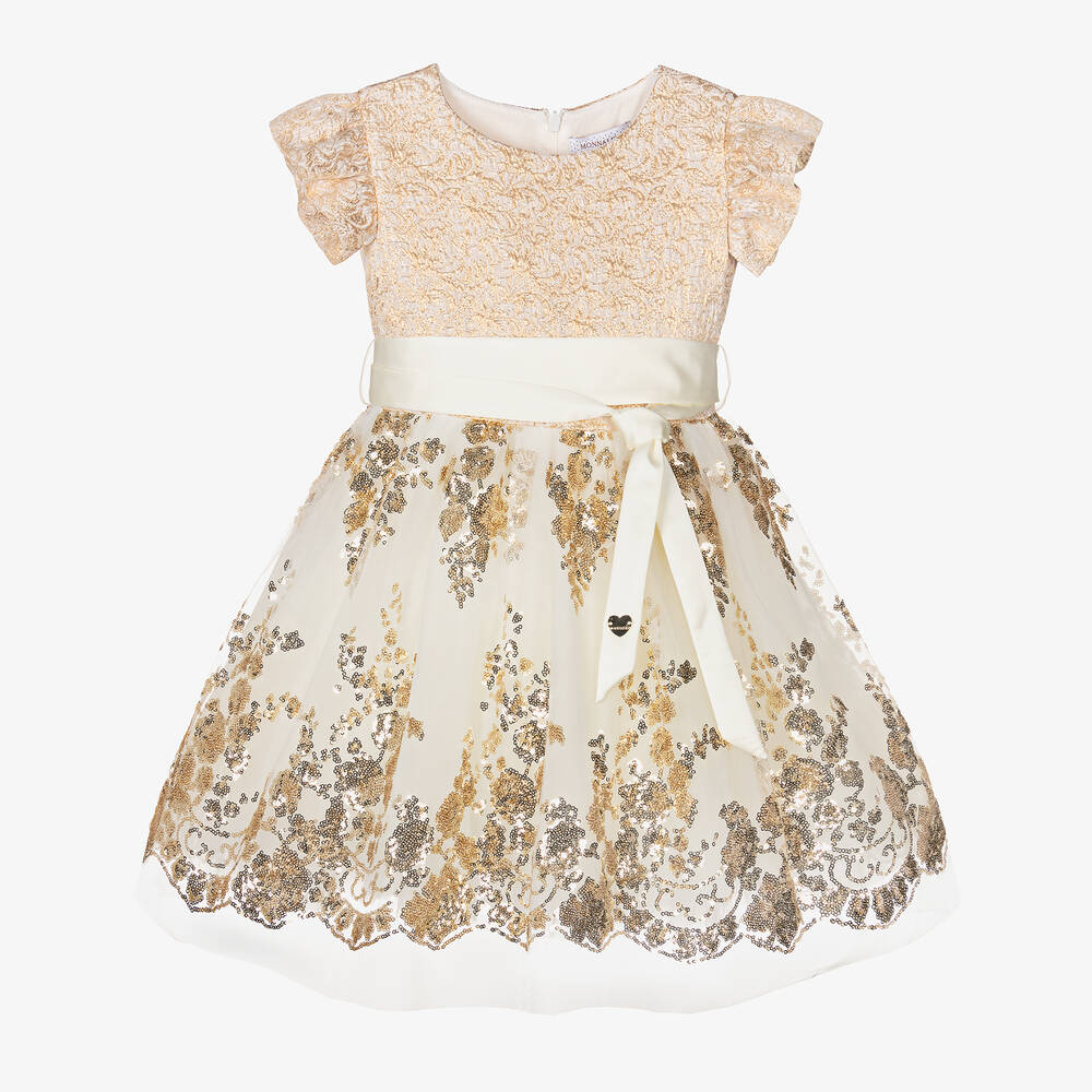 Monnalisa - Girls Ivory & Gold Sequin Dress | Childrensalon