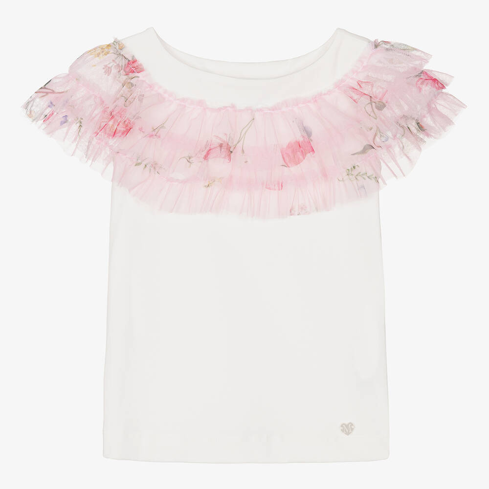 Monnalisa - Кремовая футболка с розовыми цветами из тюля для девочек | Childrensalon