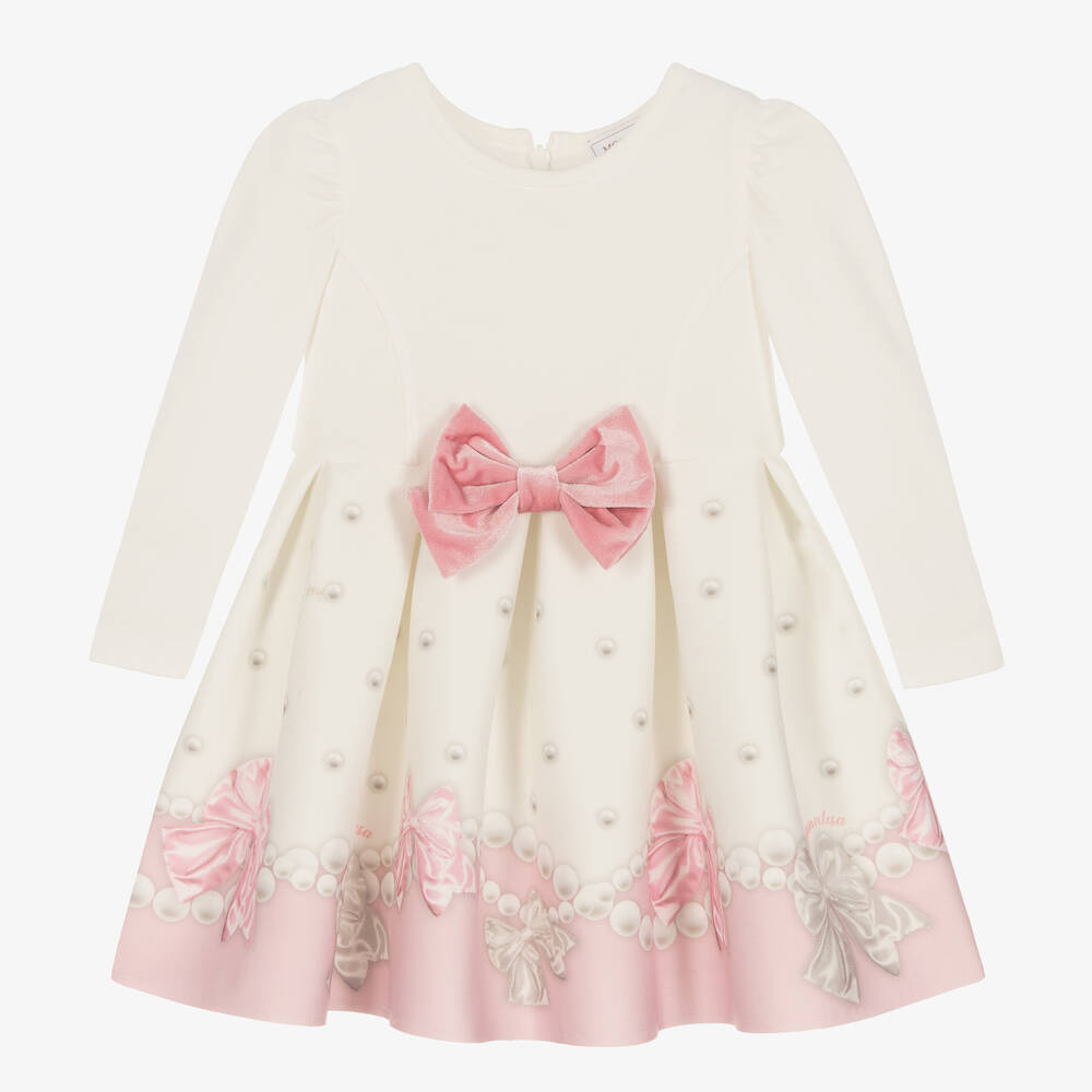 Monnalisa - Girls Ivory & Pink Pearl Bow Dress | Childrensalon