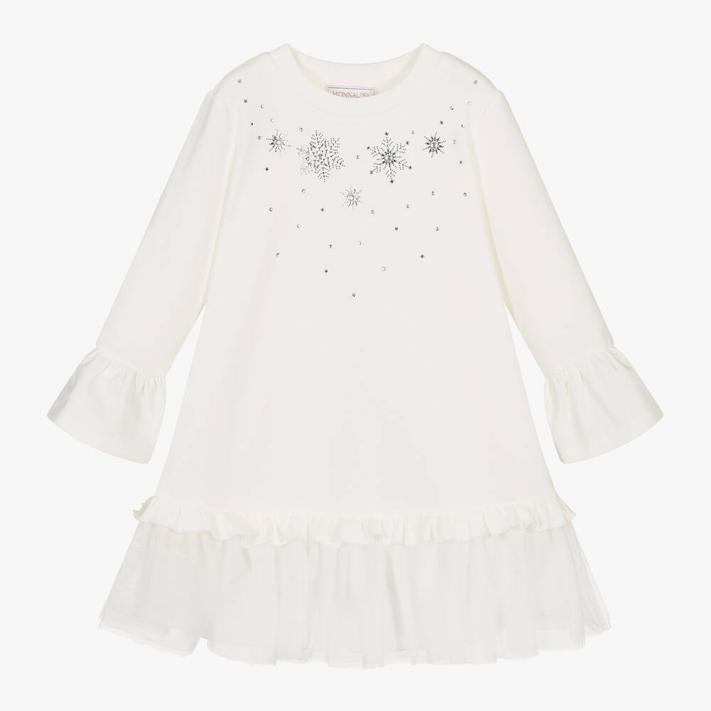 Monnalisa - Girls Ivory Snowflake Cotton Dress | Childrensalon