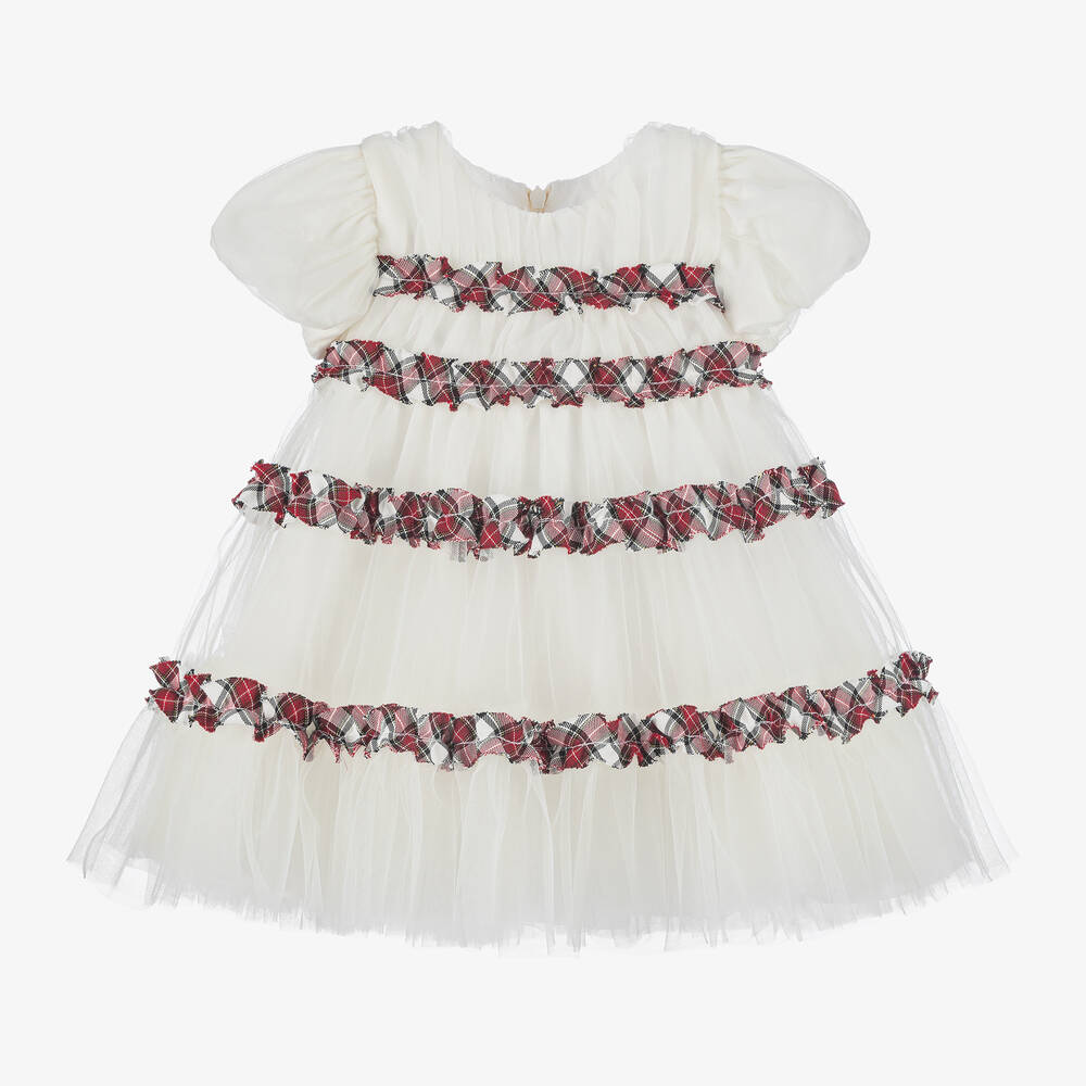 Monnalisa - Girls Ivory Tulle & Tartan Ruffle Dress | Childrensalon