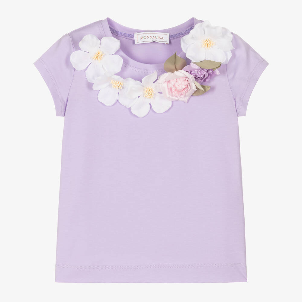 Monnalisa Kids' Girls Lilac Cotton Floral Appliqué T-shirt In Purple