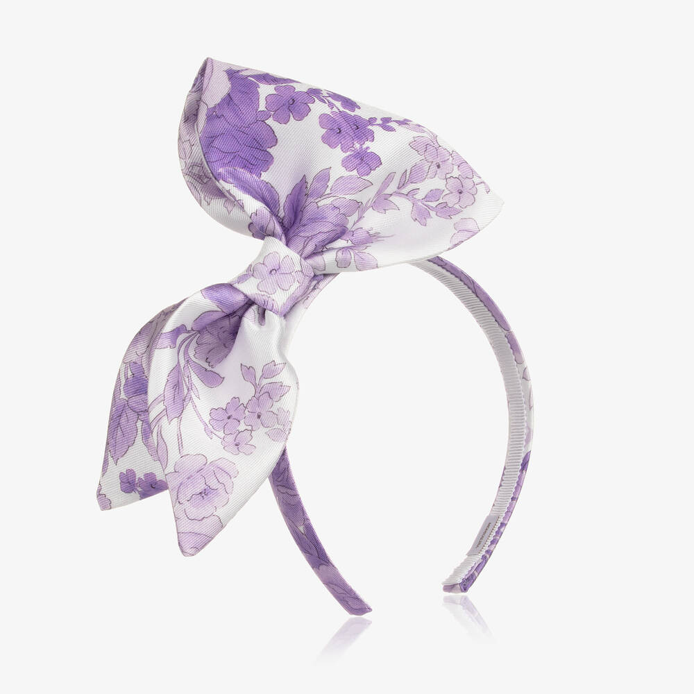 Monnalisa Chic - Girls Lilac Floral Satin Bow Hairband | Childrensalon