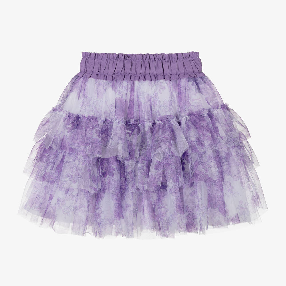 Monnalisa Chic - Girls Lilac Floral Tiered Tulle Skirt | Childrensalon