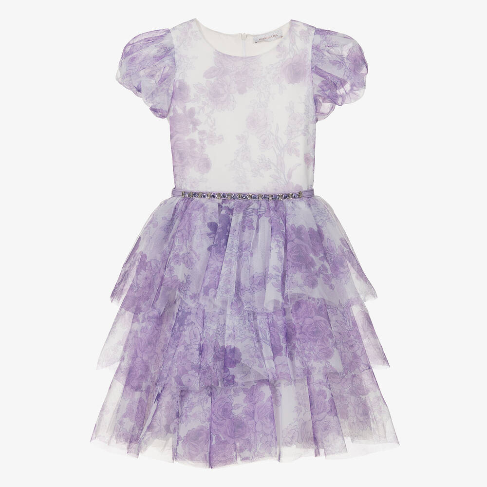Monnalisa Chic - Girls Lilac Purple Floral Tulle Dress | Childrensalon