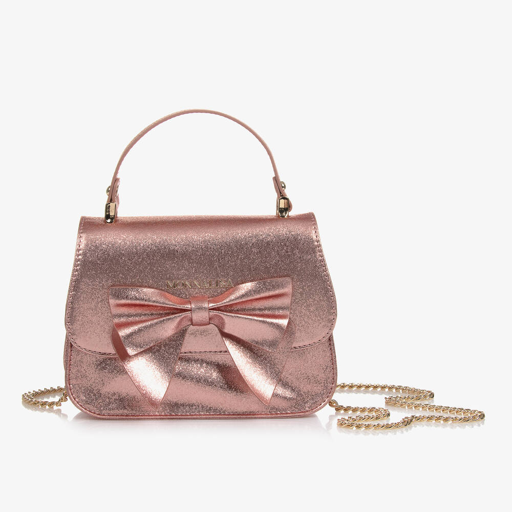 Monnalisa - Girls Metallic Pink Bow Handbag (19cm) | Childrensalon