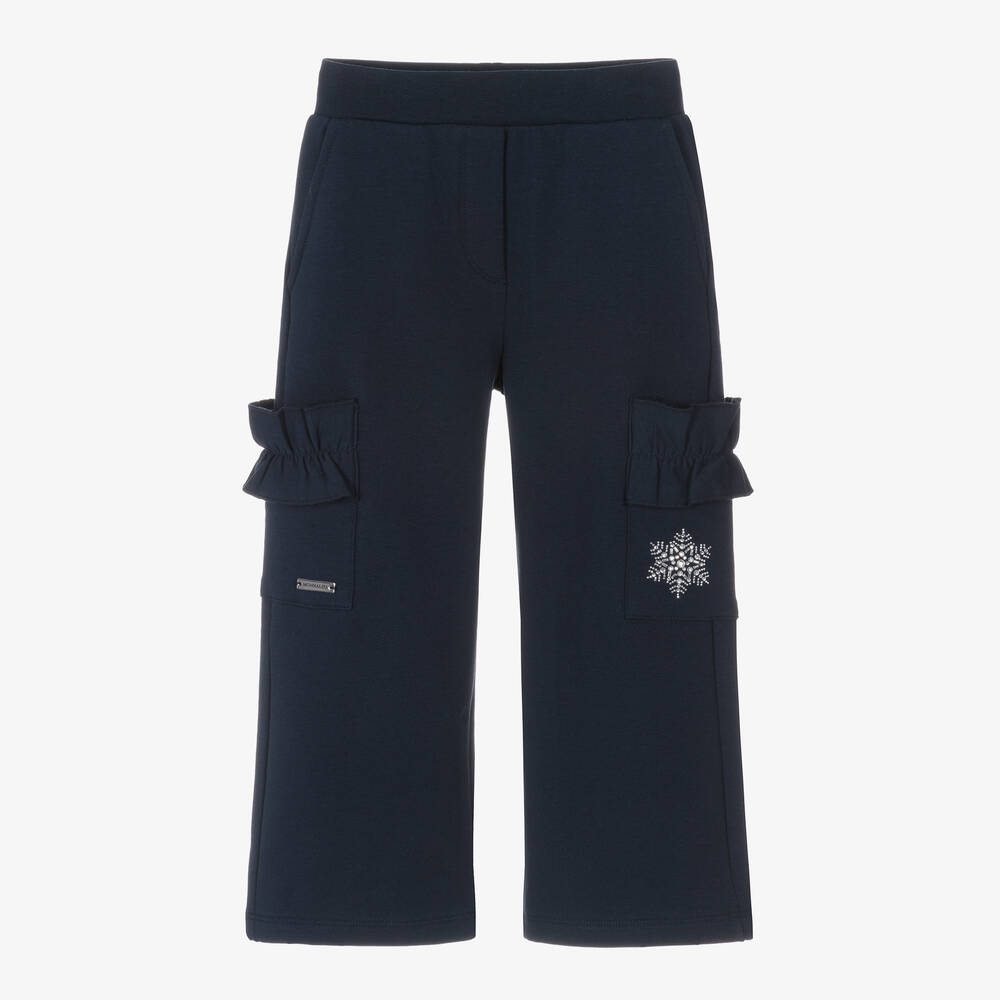 Monnalisa - Girls Navy Blue Cotton Wide Leg Joggers | Childrensalon