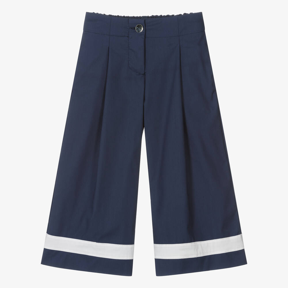 Monnalisa - Girls Navy Blue Cotton Wide-Leg Trousers | Childrensalon