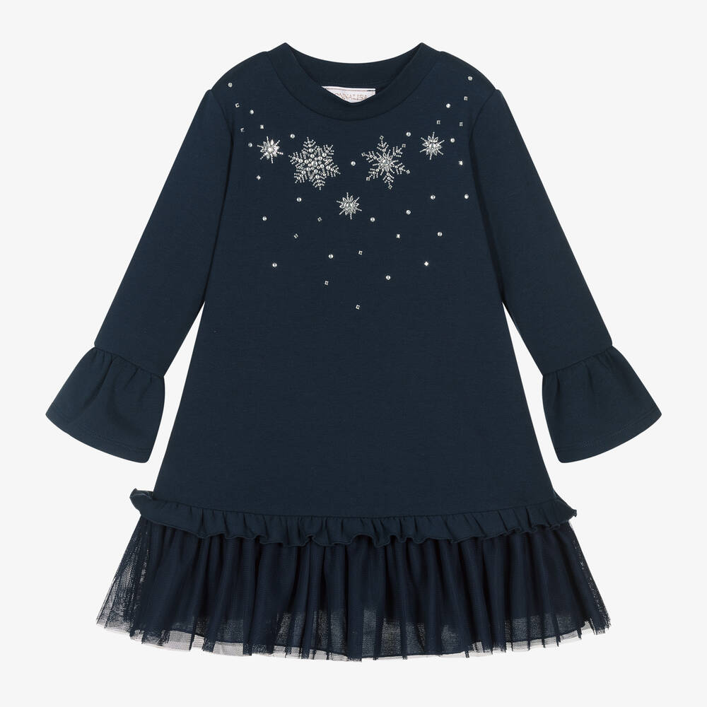 Monnalisa - Girls Navy Blue Snowflake Cotton Dress | Childrensalon