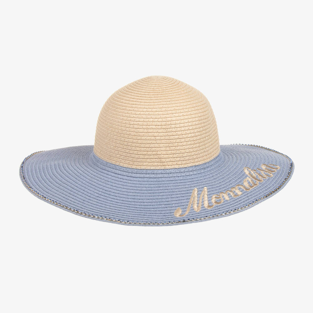 Monnalisa - قبعة للشمس قش لون بيج وأزرق فاتح للبنات | Childrensalon