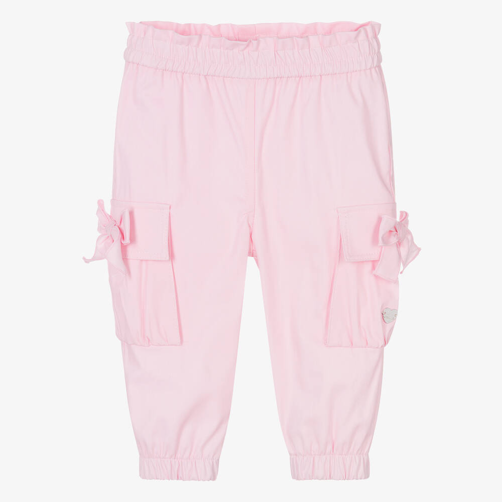 Shop Monnalisa Girls Pink Cotton Bow Cargo Trousers