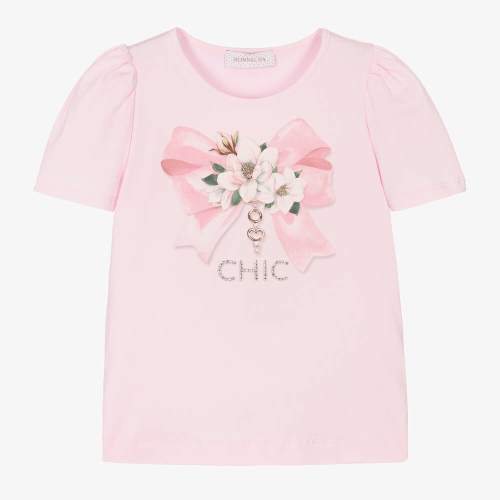 Monnalisa - Розовая хлопковая футболка с цветами и бантиком | Childrensalon