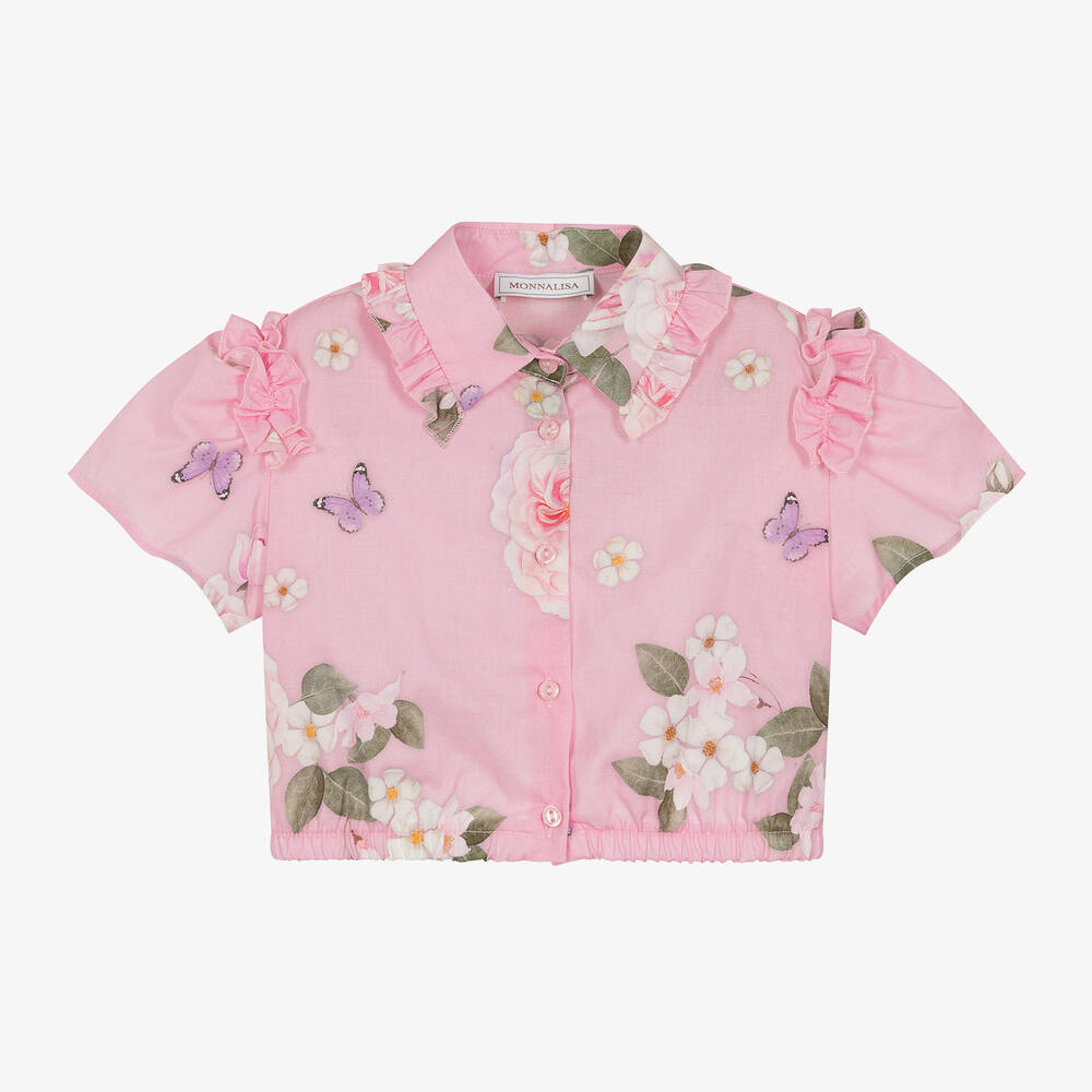Monnalisa - Girls Pink Cotton Floral Cropped Blouse | Childrensalon