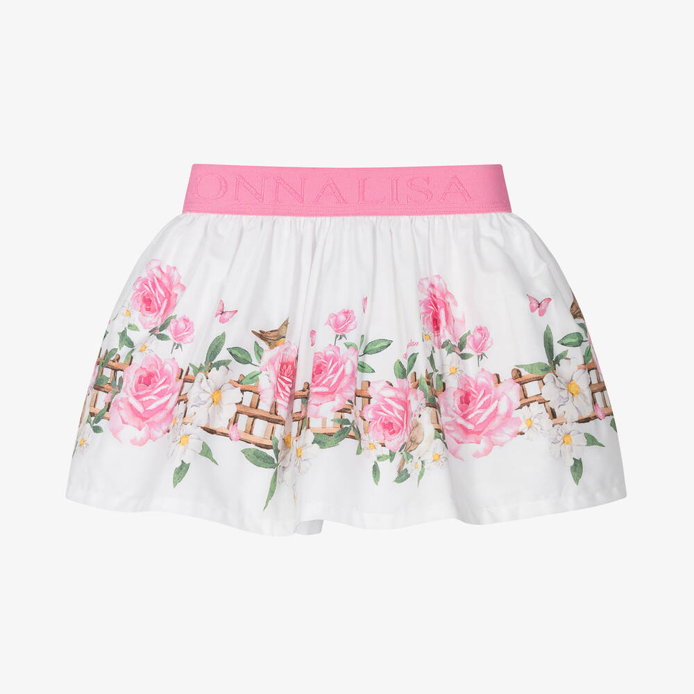 Monnalisa - Girls Pink Cotton Floral Skirt | Childrensalon